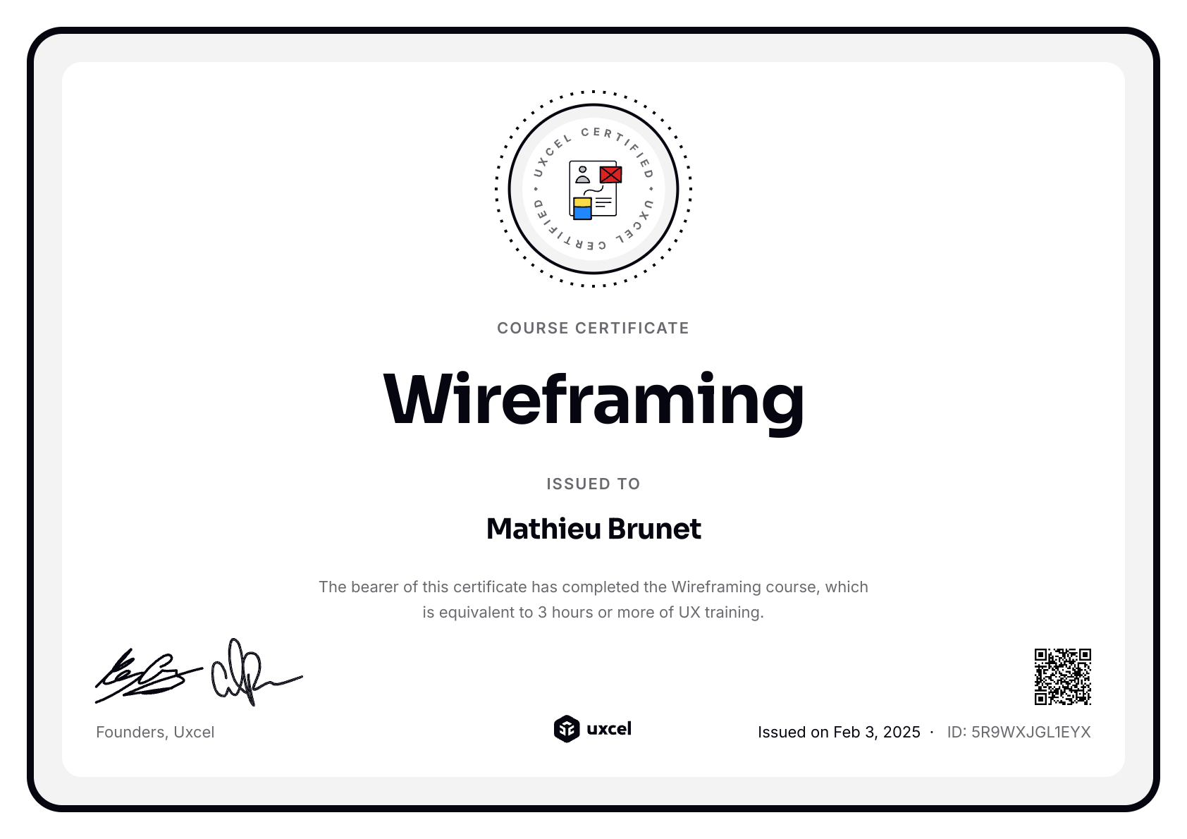 Mathieu Brunet's certificate